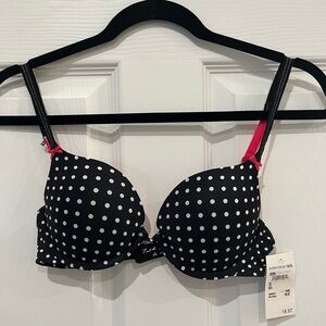 Black with White Polkadots and Pink Details 32C Bra NWT